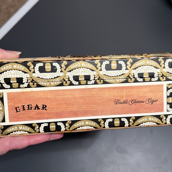 Very cool Vintage Cigar Box Bag beaded angel playing harp image wood bead handle - Picture 9 of 9